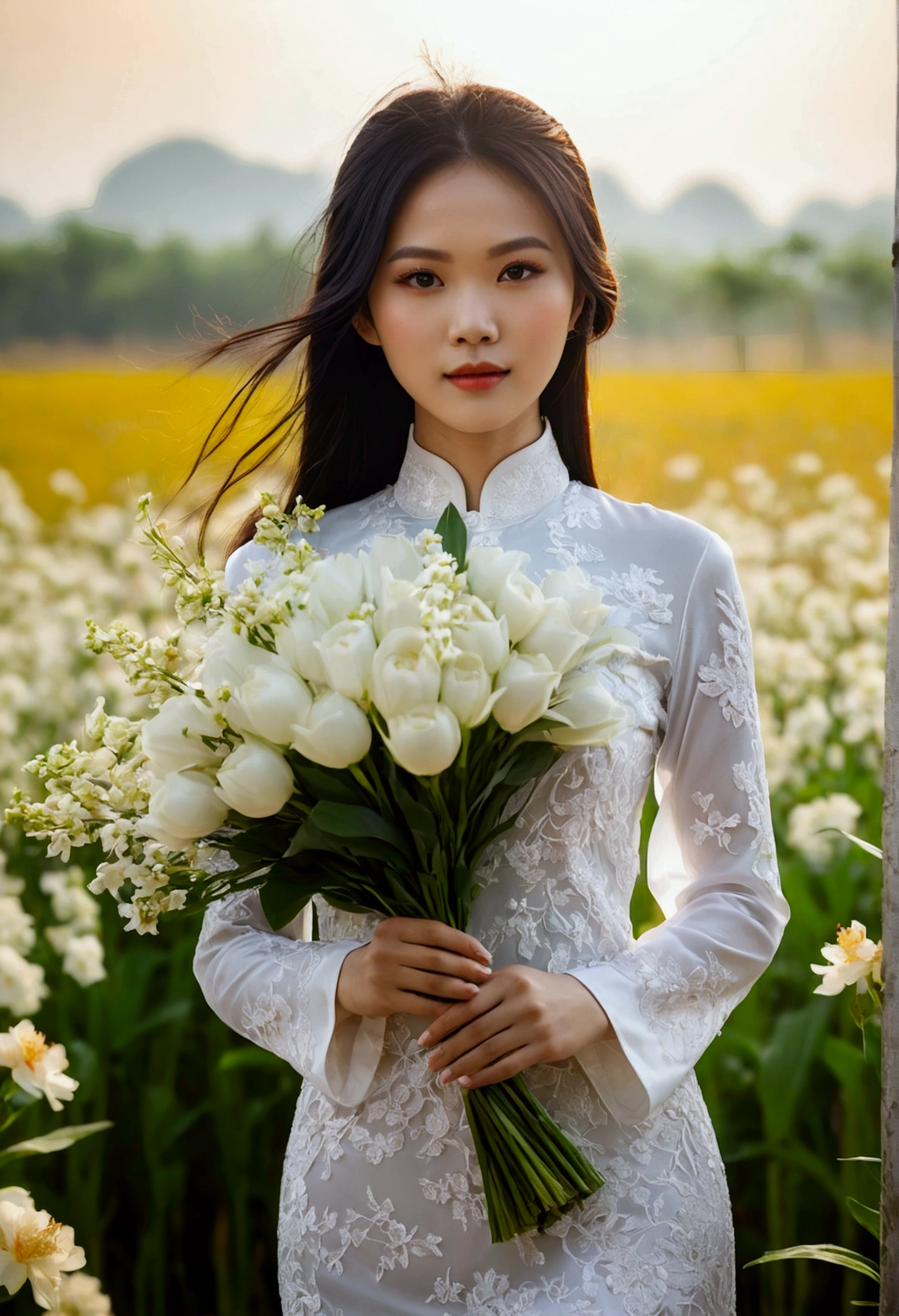 a beautiful Vietnamese girl in a thin white ao dai, masterpiece, best quality, authentic: 1.3, in a flower field, holding a bouquet, sunshine, backlight