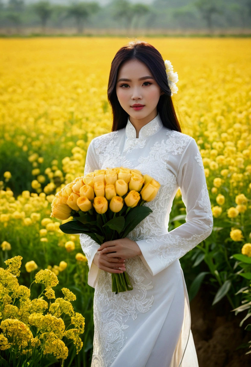a beautiful Vietnamese girl in a thin white ao dai, masterpiece, best quality, authentic: 1.3, in a flower field, holding a bouquet, sunshine, backlight