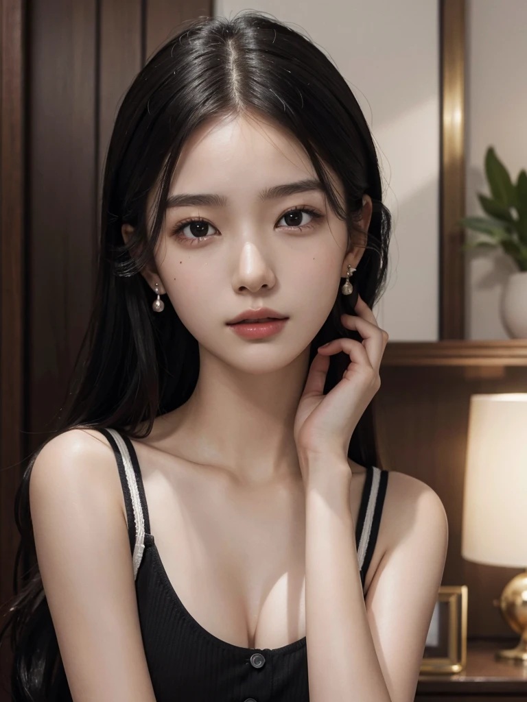 absurdres, RAW photo, extremely delicate and beautiful, masterpiece, Best Quality, ultra high resolution, 32k, hyperrealistic, ultra-detailed, perfect figure, Super Beauty, Perfect Style, Perfect balance, in her 20s, very small head, very small face, delicate facial features, tearful mole, earring, ((very huge breasts)), ((full body shot)), medium hair, black hair, Korean school_uniform, sleeveless,