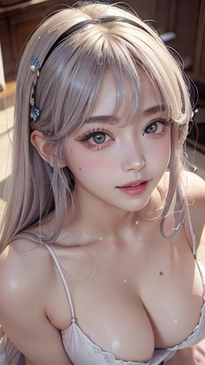 (8K:1,5),Light brown shorthair and silver mix,、disheveled hair、Light brown eyes、(dignified expression)、(爆乳:1.4)、Emphasize the valley、(Photorealsitic)、Shadow、(The face of the golden ratio:1.2)、(intricate detailes:1.2)、(​masterpiece、:1.3)、(top-quality:1.4)、(超A high resolution:1.2)、超A high resolution、(A detailed eye)、(Detailed ears）、(Detailed eyebrows)、（Detailed mouth）、(detailed facial features)、((Silver necklace))、Luxury Night Bar,(gals:1.2),(PINK Underwear:1.4),Active