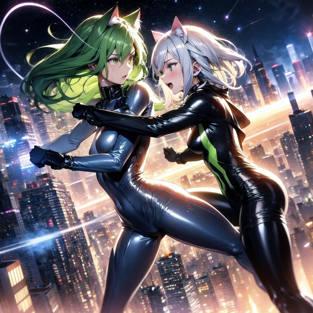 prompts A silver-haired beautiful girl with cat ears eyes are green hair is silver and long clothes: a form-fitting black combat suit The fist is an afterimage The background is a city at night her is in a cat-like fighting pose The year is monitor, Dark Night, Sweat, Steam of Exhalation, Space, Battle, Dynamic Angle,
