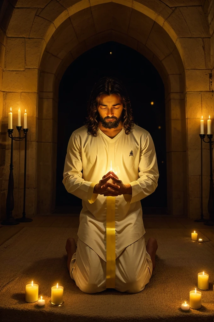 A man is kneeling with closed eyes and clasped hands in prayer, surrounded by a heavenly scene with angels and glowing light. An open book and lit candles are in front of him. The image has Hindi text in bold yellow and white, conveying a spiritual message. The bottom left corner displays the phrase GOD JESUS INSPIRED in English