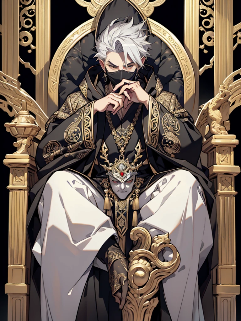 A white-haired man sat on a throne, wearing a black robe covered in intricate gold and silver decoration, with motifs of ancient symbols representing power and wisdom. His face was covered by an elegant black mask with a design depicting the face of an invincible ancient god. mysterious smoke background.