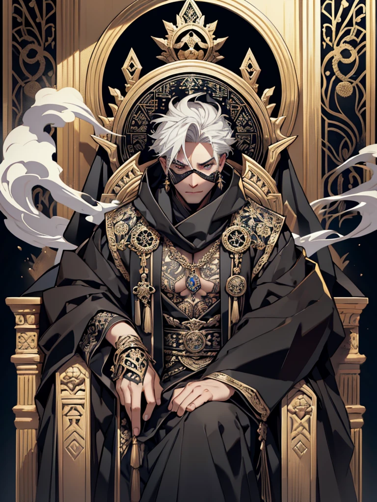 A white-haired man sat on a throne, wearing a black robe covered in intricate gold and silver decoration, with motifs of ancient symbols representing power and wisdom. His face was covered by an elegant black mask with a design depicting the face of an invincible ancient god. mysterious smoke background.
