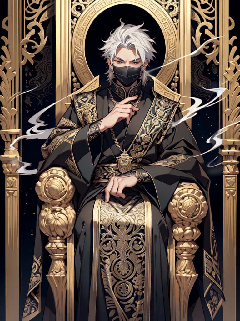 A white-haired man sat on a throne, wearing a black robe covered in intricate gold and silver decoration, with motifs of ancient symbols representing power and wisdom. His face was covered by an elegant black mask with a design depicting the face of an invincible ancient god. mysterious smoke background.