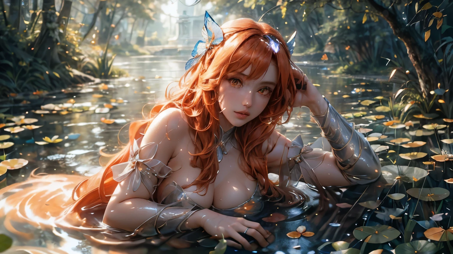 landscape of an woman, landscape of a very beautiful woman,(((cowboy shot))), asuna \(Sword Art Online\), anime style, (((lie sideaways)))!!, (lie sideaways on the shallow water at by the pond), looks at the camera with beautiful Orange eyes, (Beautiful orange eye's like sapphire :1.40)!!, Stars in her fixed eyes, (homochromatic eyes)!!! attractive smile, Cute little nose, Orange hair between eyes,  orange hair bangs, (ultra shine orange hair)!!, (curvy braide hair )!!, ((dynamic composition)), (bare shoulders)!!, detailed realistic hair,  breathtaking rendering, Sweet girl, Best Quality, Masterpiece, Ultra-detailed, Beautiful, hight resolution, Original, CG 8K, perfect artwork, beatiful face, Face Clean, Skin, hyper realistic, Ultra Detailed, A detailed eye, dramatic  lighting, (Realistic) Realistic, Full HD, Best Quality, Best Quality, Beautiful lighting, (8k wallpaper of extremely detailed CG unit), High Details, sharp-focus, The art of dramatic and photorealistic painting, ((In shallow water)), by the pond, Beautiful butterflies are flying, (((Wet body))), Shiny skin, Fine-grained skin, Fine-grained hair, (Butterflies flying around a 1girl), (Starry sky), forest, Pillar of Light, water lily, mosses, crystal clear clean water, Moonlight, Glitter, (Midnight, Dark)