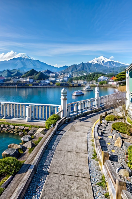 8K, Photorealistic, Top Quality, Ultra High Resolution, Masterpiece, Raw Photo, Bright Lighting, Balance Carefully、View of a walkway leading to a large body of water, Okinawa Japan, Ehime, beautiful iwakura, Chiba Prefecture, Vision, japan shonan enoshima, Japan Tourism, Written by Zhongyuan Nantianfang, Beautiful views, Heroine Japan Vivid scenery, Lake Kawaguchi, kanagawa prefecture, Observatory, Tourist destinations