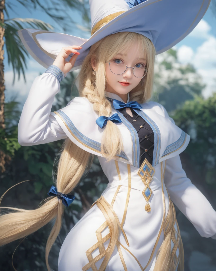 there is a woman in a purple dress and hat sitting on a bench, a portrait by Kamisaka Sekka, featured on pixiv, sōsaku hanga, black magician girl, dark magician girl from yu-gi-oh, marisa kirisame, flirty anime witch casting magic, beautiful dark magician girl, ayaka cosplay, beautiful cowboy witch, yamanaka ino, long blonde hair, bangs,