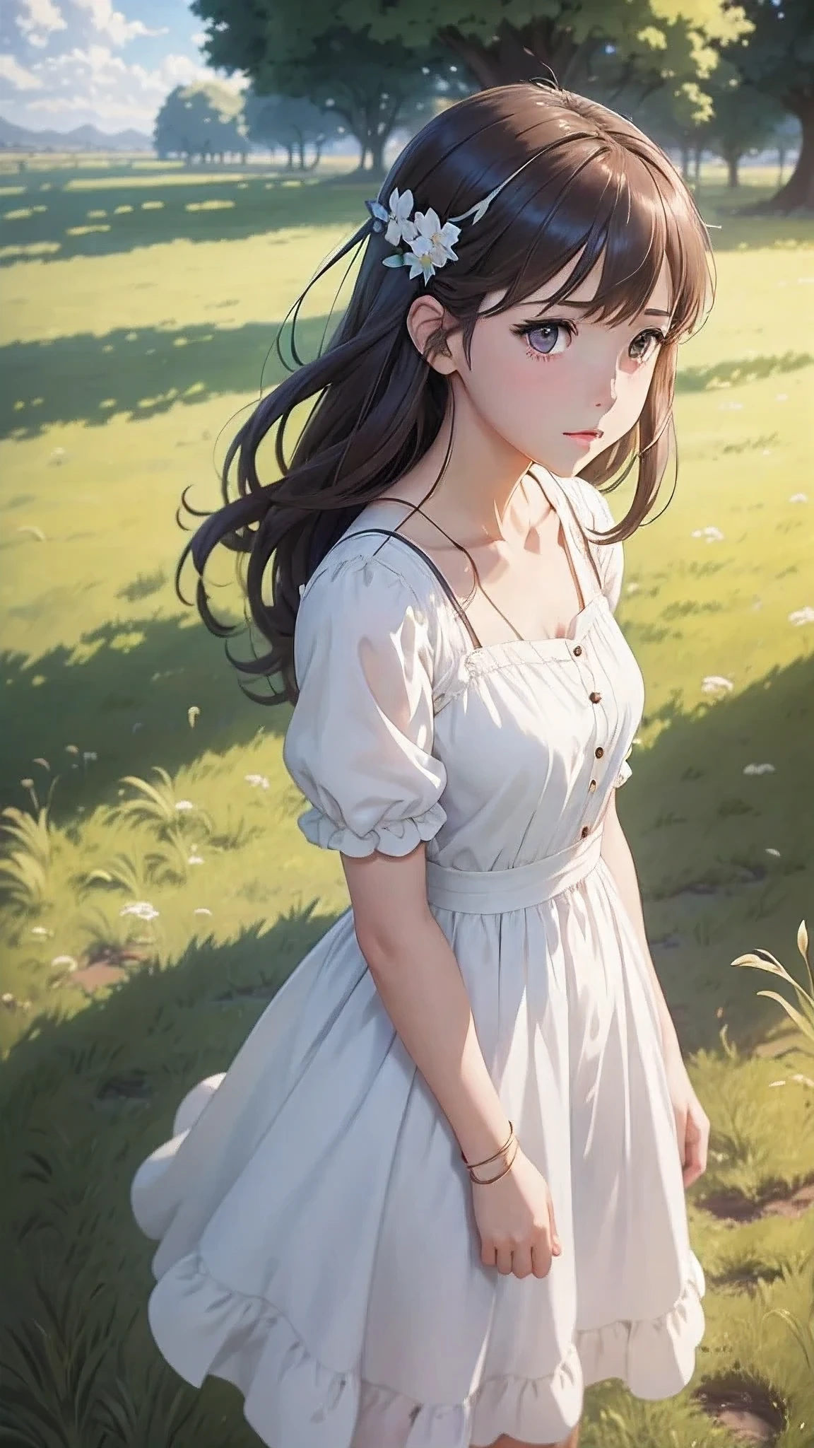 a girl in a white dress standing in a field, kyoto animation key visual, kyoto animation anime key visual, cute anime waifu in a nice dress, visual novel cg, realistic anime style at pixiv, high detailed official artwork, makoto shinkai and artgerm, official art, official anime artwork, smooth anime cg art, anime poster film still portrait