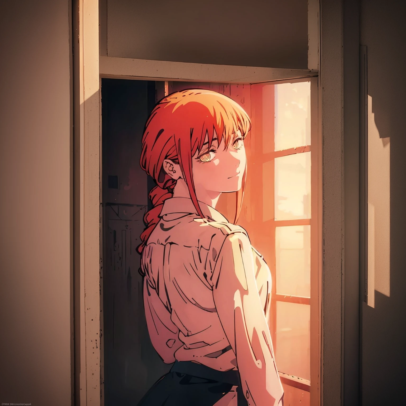 illustrations with striking red, red is emphasized, sunset, The viewer's eye is drawn to the woman's red hair. the light of the sunset shining through the window, anime girl, Makima, this woman has a wonderful, soft appearance and a calm, soft and gentle smile, but there is a hidden intention behind it. The background should be subtle and moody, enhancing the emotional atmosphere without distracting from the characters. super high quality, HDRI, beautiful and fantastically designed, beautiful and fantastic scenery, in detail