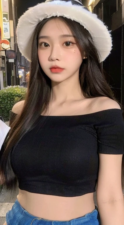 ((best quality, 8K, masterpiece: 1.3)), (Flower Hat: 1.3), Key Points: 1.2, Perfect body beauty: 1.4, Hips: 1.2, (Layered Hairstyle: 1.2)), (Dark Street: 1.3), Highly detailed face and skin textures, whole body, Exquisite eyes, Double eyelids, Skin Whitening, Long hair, (Round Face: 1.5), (Loose cropped top, shorts: 1.6)