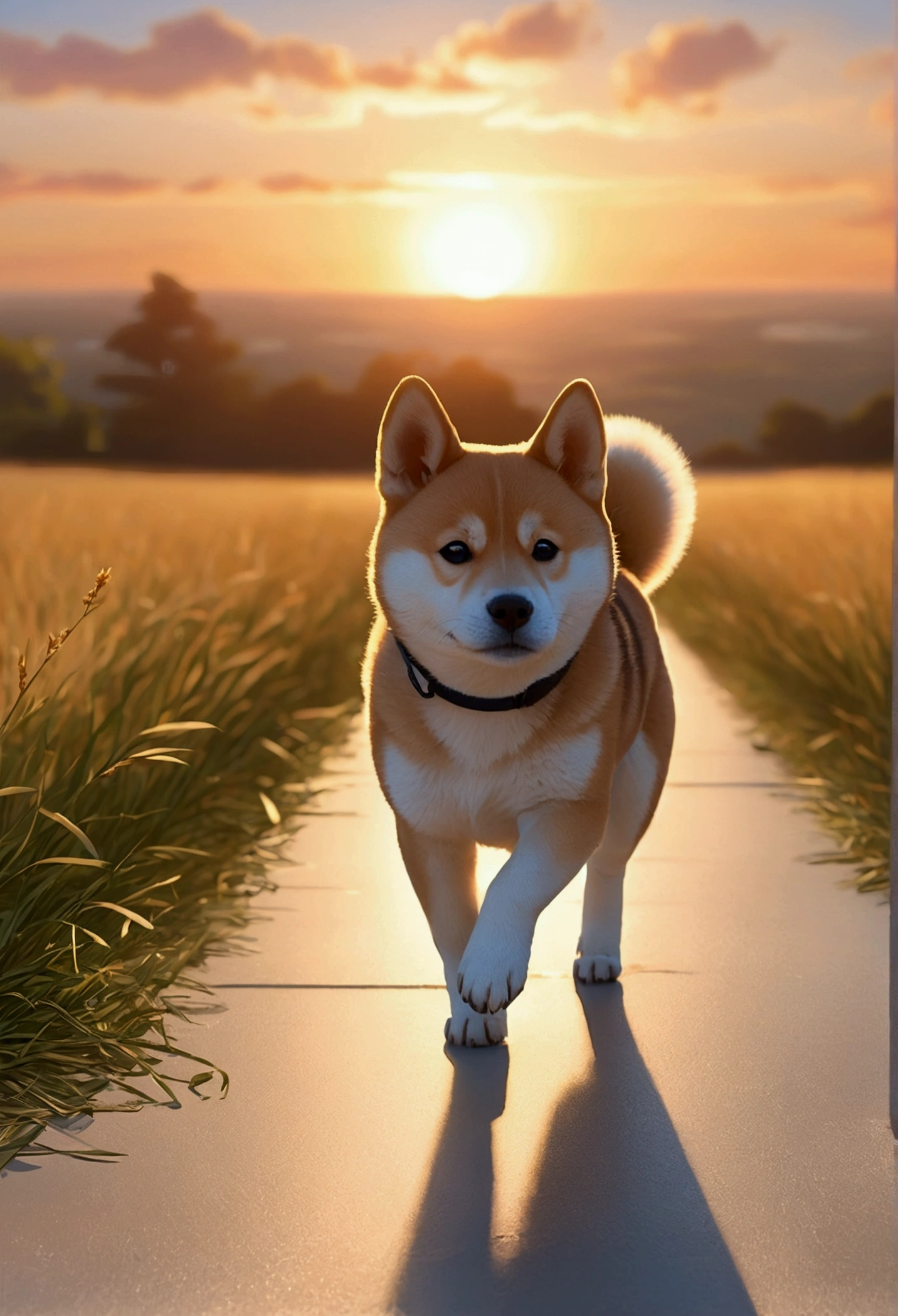 Makoto Shinkai Taste, Beautiful sky, (A running Shiba Inu puppy, Detailed eyes ),Romantic Landscape, Healing scenes, Light pours in,hope, Makoto Shinkai Taste,Detailed Description, Sunset, Fantastic landscape,