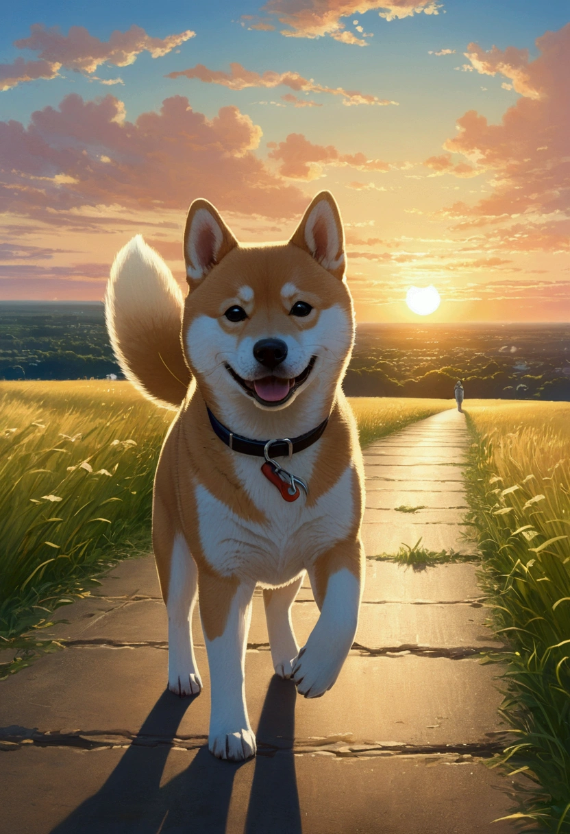 Makoto Shinkai Taste, Beautiful sky, (A running Shiba Inu puppy, Detailed eyes ),Romantic Landscape, Healing scenes, Light pours in,hope, Makoto Shinkai Taste,Detailed Description, Sunset, Fantastic landscape,