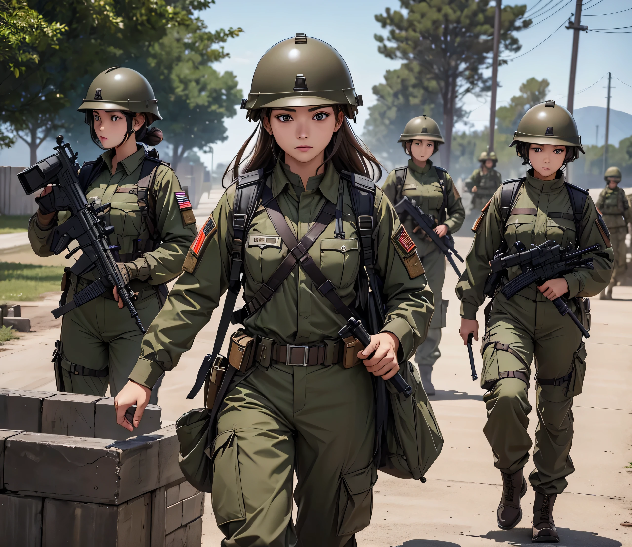 A group of female soldiers all wearing brown military uniforms，Wear a steel helmet、Military Pants、Individual equipment set、Write details、masterpiece、best quality、Highly detailed CG、8K picture quality