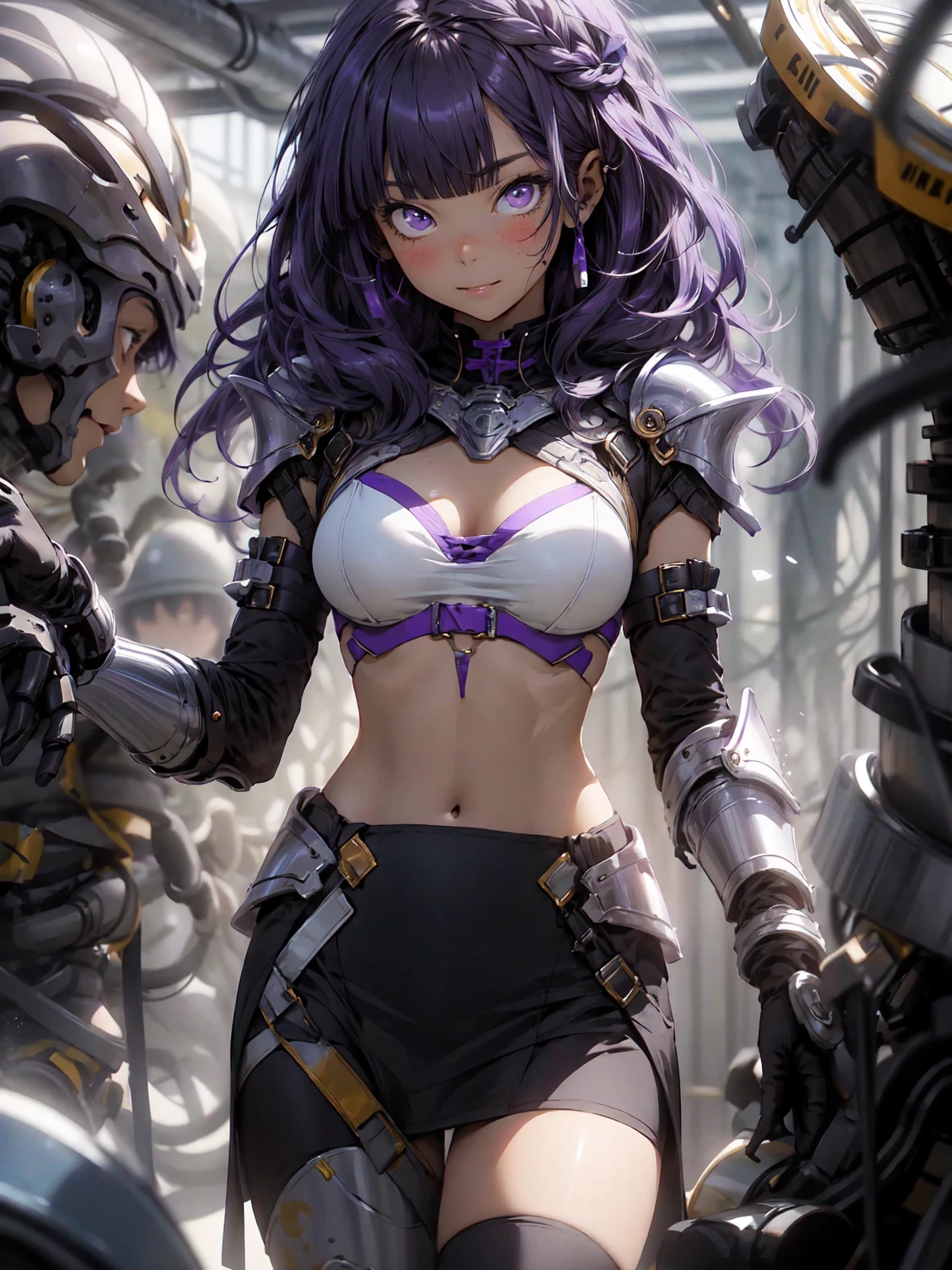 Be realistic,(masterpiece,Highest quality,Highest quality,Very detailed,Fractal Art,Most detailed,(Abstract background:1.5)(1 Girl),Kamimei,(Hair length),( puppet, Light purple eyes, Pale skin, Purple Hair Long Hair, Blunt bangs, Braiding,Big Breasts、Toned Abature face、Stunned)、crystallization,bikini、Sexy、Machine Armor、Sunburned skin、(Black pencil skirt)