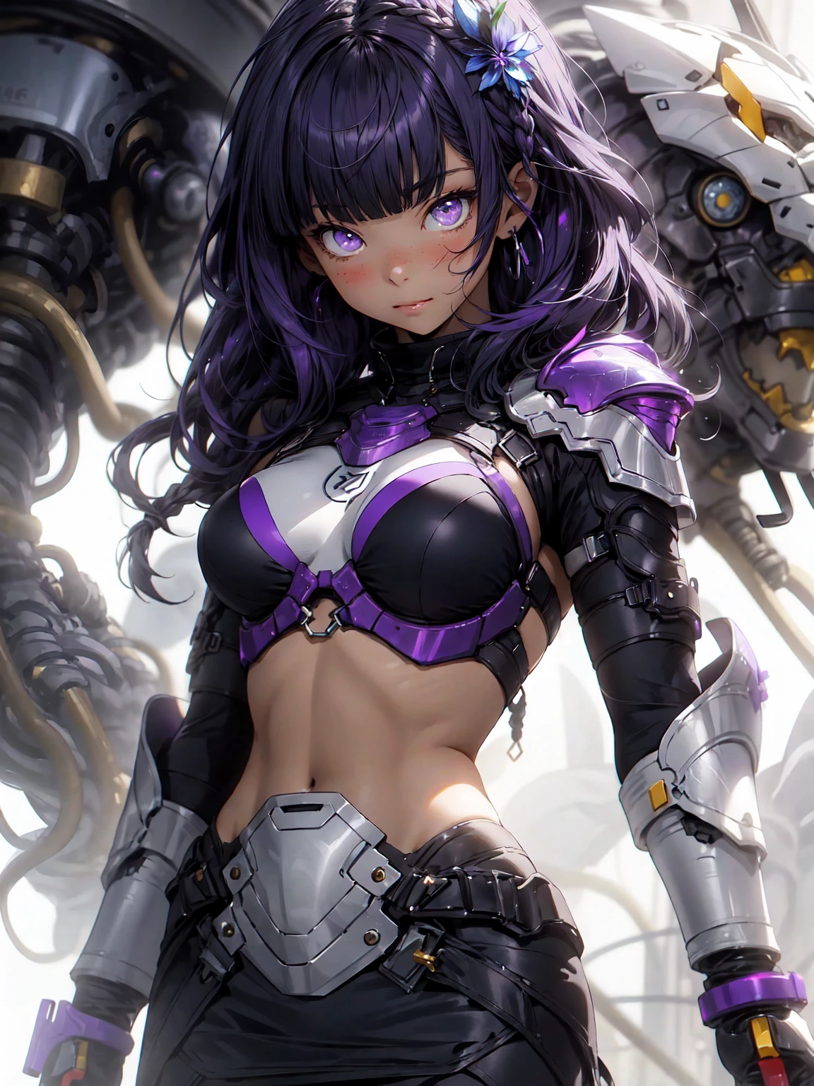 Be realistic,(masterpiece,Highest quality,Highest quality,Very detailed,Fractal Art,Most detailed,(Abstract background:1.5)(1 Girl),Kamimei,(Hair length),( puppet, Light purple eyes, Pale skin, Purple Hair Long Hair, Blunt bangs, Braiding,Big Breasts、Toned Abature face、Stunned)、crystallization,bikini、Sexy、Machine Armor、Sunburned skin、(Black pencil skirt)