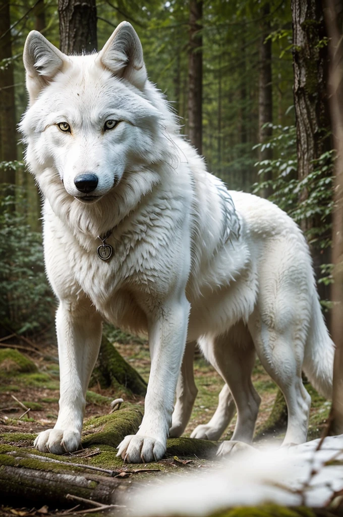 there is a white wolf laying down in the woods, white wolf, a white wolf, photo of wolf, wolp, white wolf with blue eyes, wolf, looking majestic in forest, great wolf, goldenwolf, wolves and their treasures, furry wolf, wolf portrait, wolves, portrait of a wolf, angiewolf, wolf companion, lone wolf