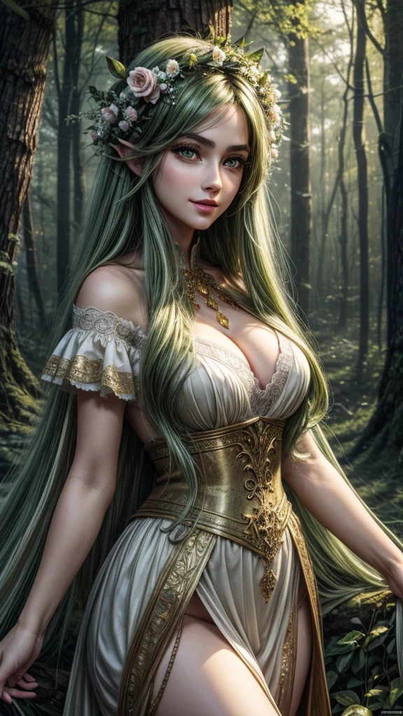Wallpaper on your phone, better quality, cinematic image, detailed image, fantasy, detailed face, detailed beautiful golden eyes, Beautiful girl, dryad, flowers in hair, high, very long fluffy green hair, long fluffy eyelashes, thick eyebrows, wide hips, playful smile, spring forest, облегающее платье