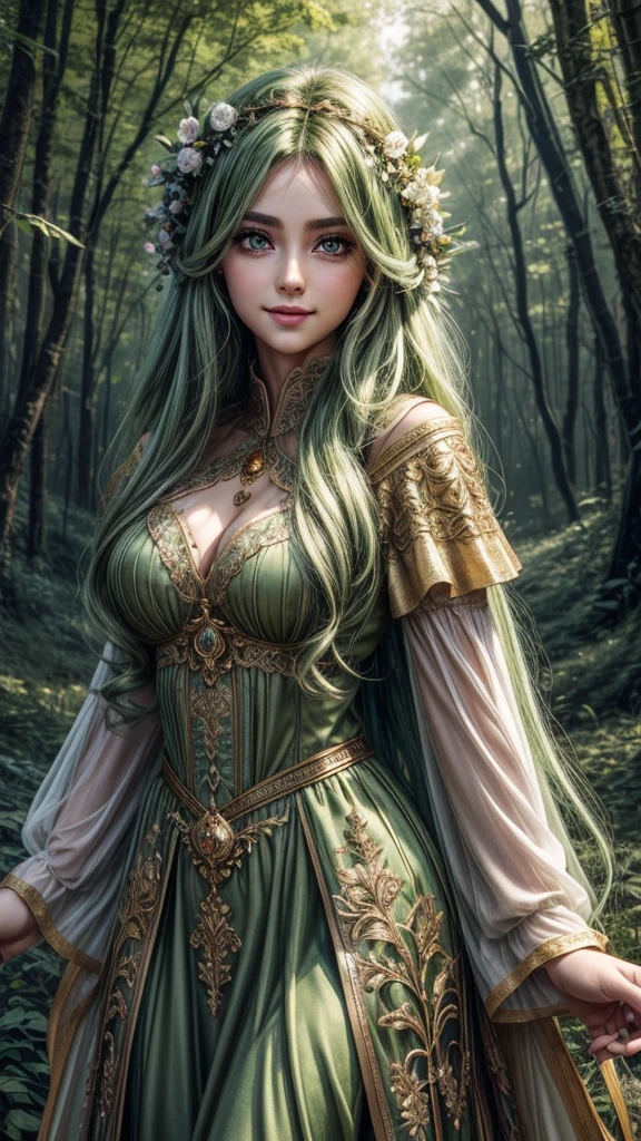 Wallpaper on your phone, better quality, cinematic image, detailed image, fantasy, detailed face, detailed beautiful golden eyes, Beautiful girl, dryad, flowers in hair, high, very long fluffy green hair, long fluffy eyelashes, thick eyebrows, wide hips, playful smile, spring forest, облегающее платье
