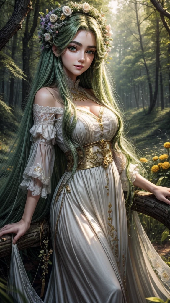 Wallpaper on your phone, better quality, cinematic image, detailed image, fantasy, detailed face, detailed beautiful golden eyes, Beautiful girl, dryad, flowers in hair, high, very long fluffy green hair, long fluffy eyelashes, thick eyebrows, wide hips, playful smile, spring forest, облегающее платье