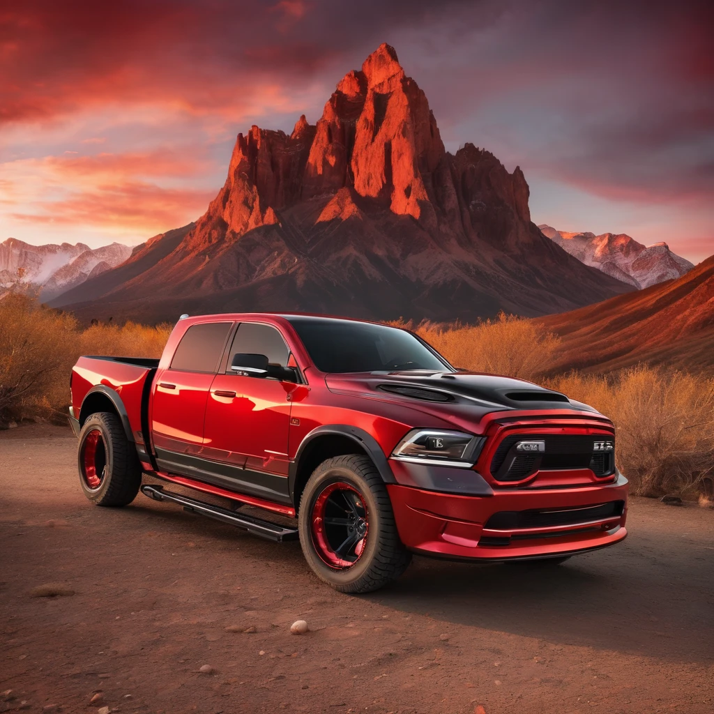 Aggressive red sports car with ram horn-inspired front grille, set against a fiery mountain backdrop at sunset