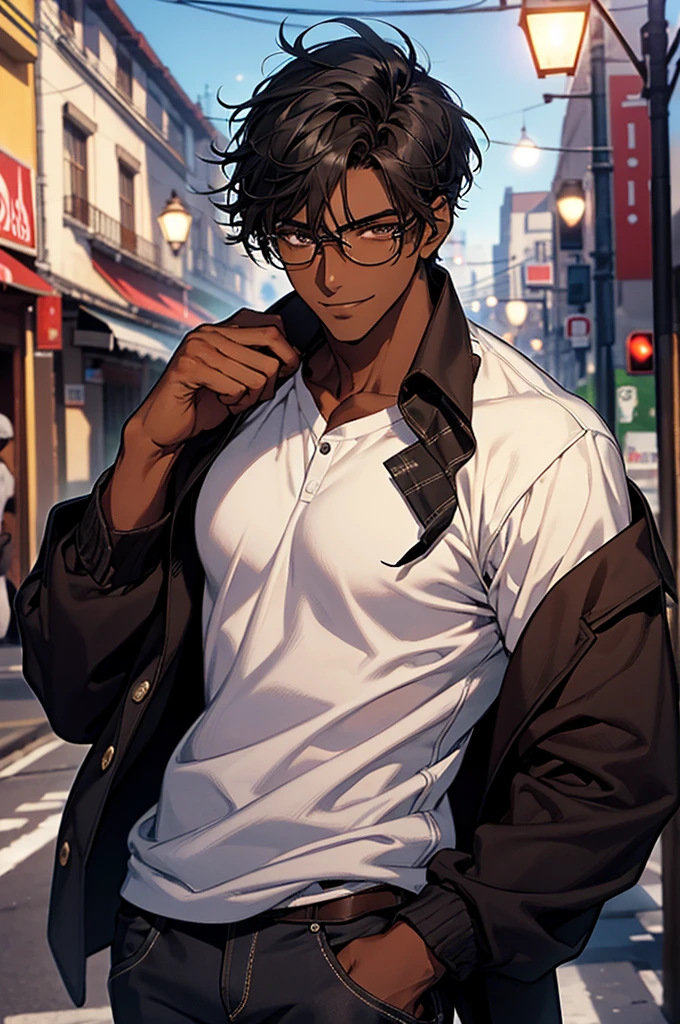 1male, black hair, dark skinned man, very dark skin, brown eyes, black hair, textured hair, muscular body, casual clothes, glasses, mature face, ikemen, smile, outdoor background, 4k, high resolution, rim lighting