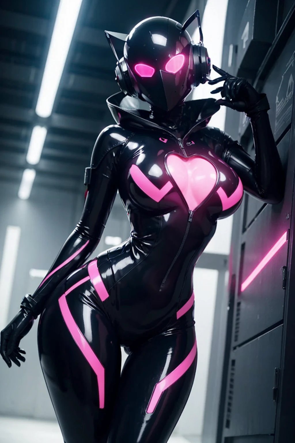 Dronificated unknown woman in a fully enclosed black latex fullbody suit with pink lights across the suit and heart shaped glowing core in the chest, fully enclosed cyber helmet that cover her whole face and hides her identity with only two glowing pink lines in it's otherwise, empty black face, huge breast, narrow waist, wide hips and thick thigs, in a storage facility, no face, no hair, no mouth, no eyes