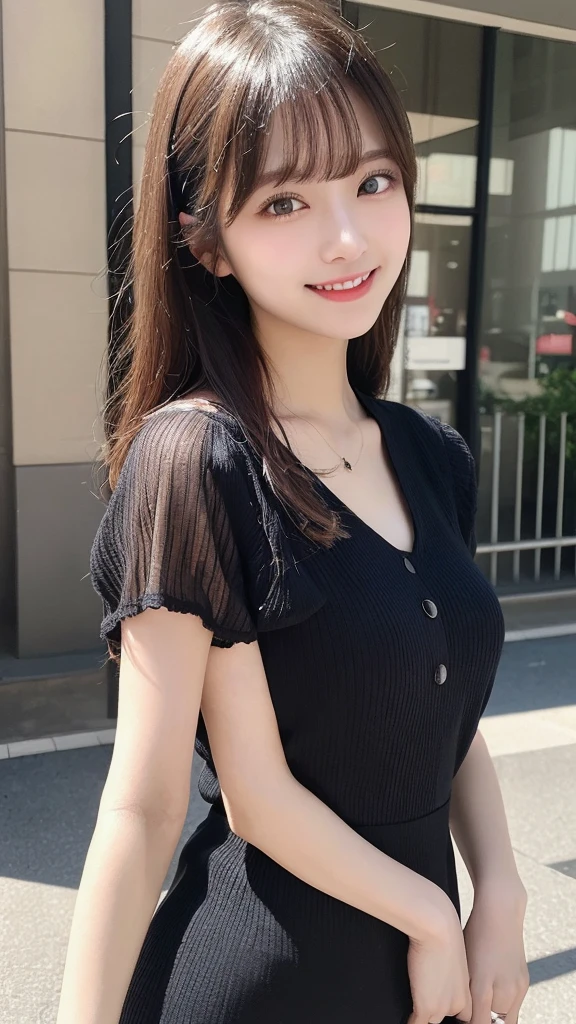 masterpiece, best quality, illustration, ultra-detailed, finely detailed, high resolution, 8K wallpaper, perfect dynamic composition, beautiful detailed eyes, summer blouse setup clothes, medium hair, small breasts, natural color lips, bold sexy poses, smile, Harajuku, 18 years old girl, cute, sexy shot, looking at camera