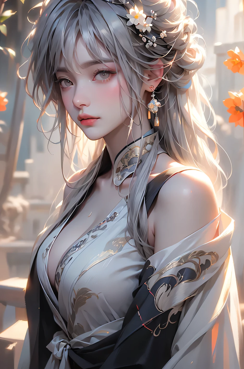 super high quality, masterpiece, Perfect illustration, Very detailed (Exquisite light and shadow, Very dramatic photo,Backlight) , ((Gray Hair:1.5))1 Girl,(( alone:1.6)), (Wearing Han clothes, Black and white Hanfu,Monotony,Long sleeve) Flower Field, Flowers, (White smoke:1.3) (Realistic:1.4), Zen Intertwining, Tangled, Official Art, unity 8k wallpaper, Very detailed, Beautiful and beautiful, masterpiece, Highest quality, (Dynamic Angle: 1.4), Glowing Skin, (Floating colorful flashes: 1) The most beautiful chaotic shapes, elegant, Brutalist Design, Bright colors, Romantic Depth of Field Exotic_dance, half_naked、（Separate sleeves:1.4, Expose your shoulders、Ample breasts、Beautiful cleavage、Distant valley）.((from diagonally forward)).Dynamic pose
