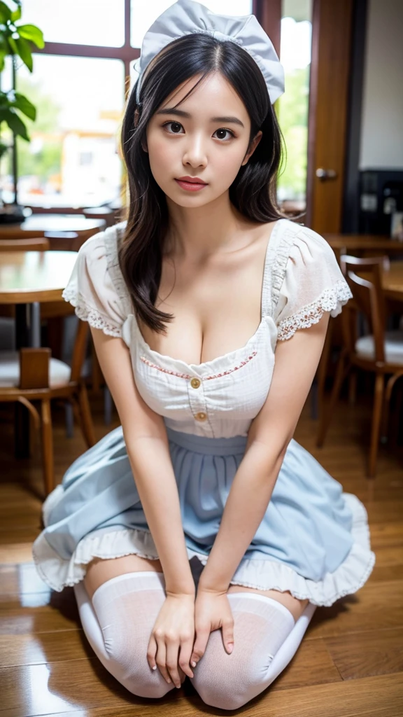 (8K, RAW photo, highest quality, masterpiece:1.3), (realistic, photo-realistic:1.4), (Highly detailed 8K wallpaper), sharp focus, Depth of written boundary, japanese idol, very cute, (baby face), full body, highly detailed face and eyes, ((shiny skin:1.2)), cinematic lighting, soft light, blur background, Bokeh, cafe background with cozy and warm atmosphere, wooden furniture, clean design, wearing a fancy and cute maid costume with pastel colors, lace, ribbons, and frills, a shorter skirt, white apron, low-cut neckline showing cleavage, knee-high socks with bows, and cute shoes, similar to the attached image but more elaborate and whimsical, ((with a natural gaze looking to the right, absolutely not looking at the viewer))