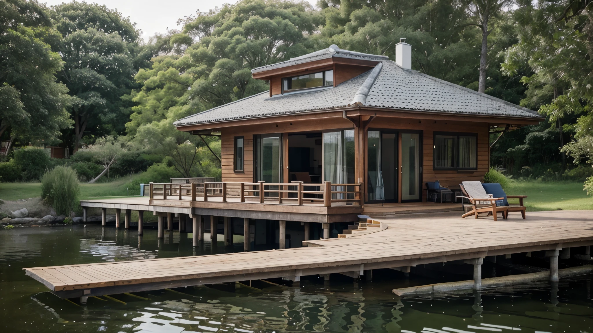 one-Storey small house by the pond, 1 living room with sofa and television and treadmill, 1 bedroom on the right, large balcony stretching on land and water, modern wooden style, one grandfather and one grandmother sitting on the sofa watching television, The shot taken from outside the house on the water, showing the house layout clearly