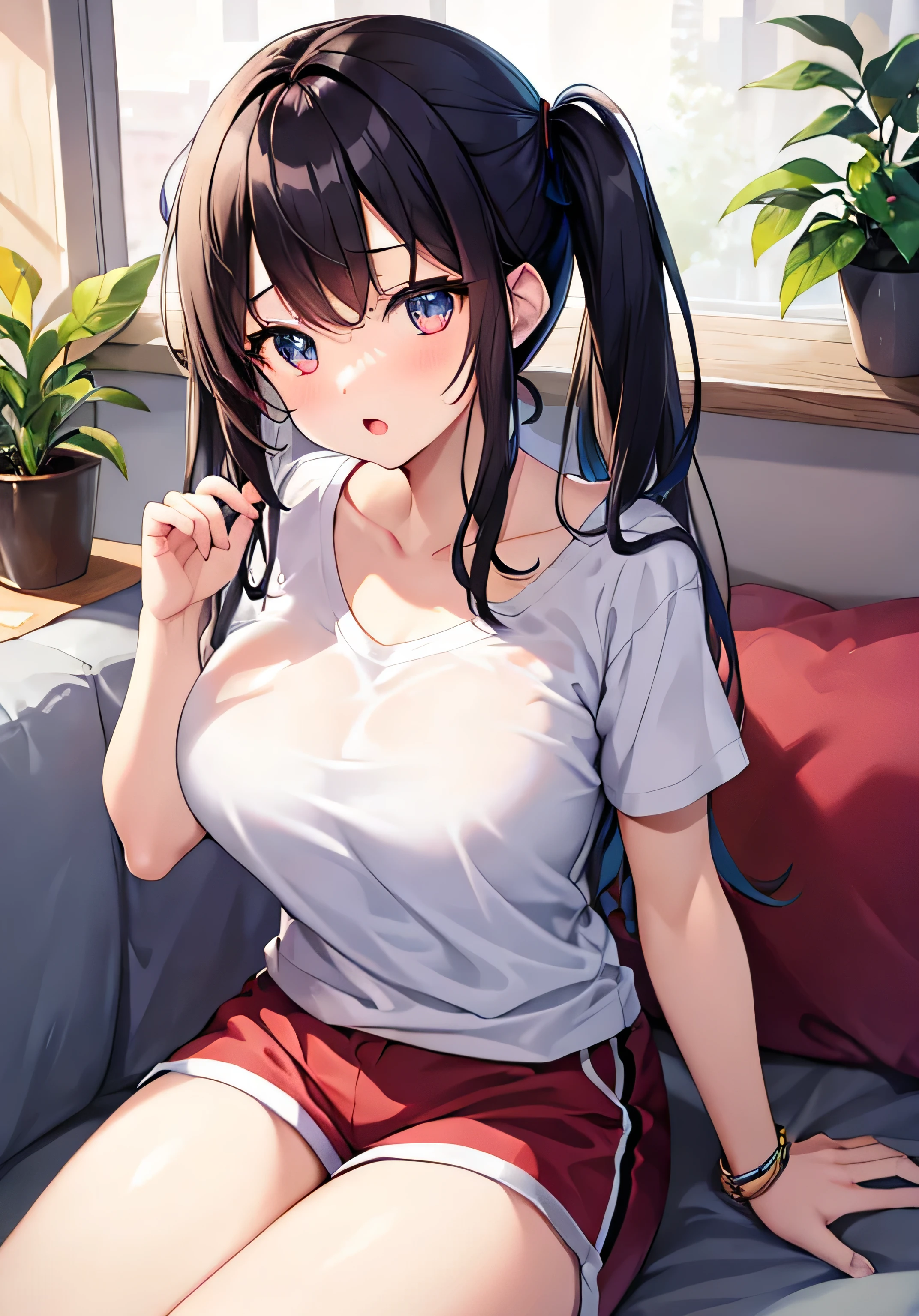 masterpiece、Highest quality、Ultra-high resolution、age girl with big breasts、twin tail hairstyle、black hair、Red face、shyly、open your mouth just a little、white T-shirt、loungewear shorts、inside lounge room、sitting on the sofa、at night time
