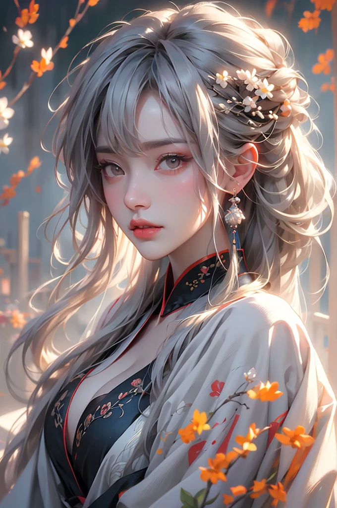 super high quality, masterpiece, Perfect illustration, Very detailed (Exquisite light and shadow, Very dramatic photo,Backlight) , ((Gray Hair:1.5))1 Girl,(( alone:1.6)), (Wearing Han clothes, Black and white Hanfu,Monotony,Long sleeve) Flower Field, Flowers, (White smoke:1.3) (Realistic:1.4), Zen Intertwining, Tangled, Official Art, unity 8k wallpaper, Very detailed, Beautiful and beautiful, masterpiece, Highest quality, (Dynamic Angle: 1.4), Glowing Skin, (Floating colorful flashes: 1) The most beautiful chaotic shapes, elegant, Brutalist Design, Bright colors, Romantic Depth of Field Exotic_dance, half_naked、(Separate sleeves:1.4, Expose your shoulders、Ample breasts、Beautiful cleavage、Distant valley).((from diagonally forward)).((The action of tucking hair behind the ear))