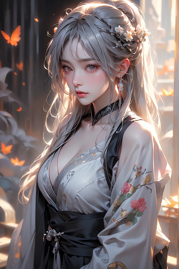 super high quality, masterpiece, Perfect illustration, Very detailed (Exquisite light and shadow, Very dramatic photo,Backlight) , ((Gray Hair:1.5))1 Girl,(( alone:1.6)), (Wearing Han clothes, Black and white Hanfu,Monotony,Long sleeve) Flower Field, Flowers, (White smoke:1.3) (Realistic:1.4), Zen Intertwining, Tangled, Official Art, unity 8k wallpaper, Very detailed, Beautiful and beautiful, masterpiece, Highest quality, (Dynamic Angle: 1.4), Glowing Skin, (Floating colorful flashes: 1) The most beautiful chaotic shapes, elegant, Brutalist Design, Bright colors, Romantic Depth of Field Exotic_dance, half_naked、(Separate sleeves:1.4, Expose your shoulders、Ample breasts、Beautiful cleavage、Distant valley).((from diagonally forward)).((The action of tucking hair behind the ear))