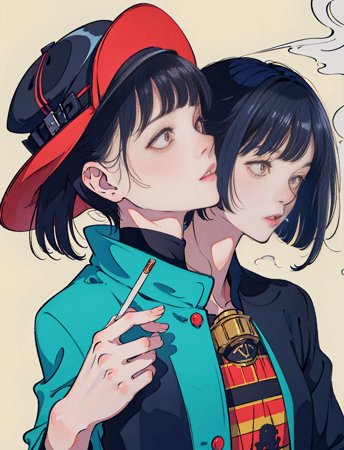 Picture of a woman smoking a cigarette, (cigarette), cigaretter, background ( dark _ Smoky ), Smogpunk, Smooth, gentle cigarette effect, no cigarette, by Shinoda Toko, Inspired by Junpei Sato, realistic cigarette, Anime Cover, He smokes a cigarette, dark cigarette, It happened - one x iamretro,sunglasses,hat,profile