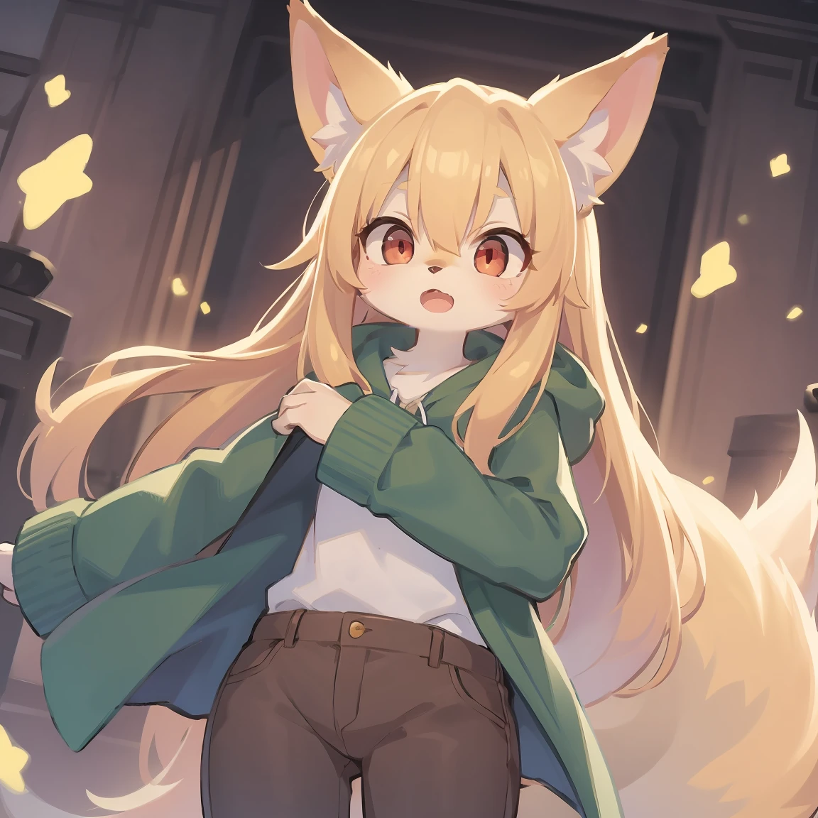 flat color, shota the fox, , was hairy, shaggy, skin fur, smooth lashes, golden fur, forelimb hands, straight long blonde hair, solid circle eyes, golden ears, golden fur, golden facial fur, shiny hair, red eyes, super cute face, 1fox tail, fluffy tail, furry tail, glowing eyes, green coat green hood down, brown trousers, open mouth, ambient light, ultra-fine fur, dashed eyes, masterpiece, high quality, high-details, best quality, (solo)