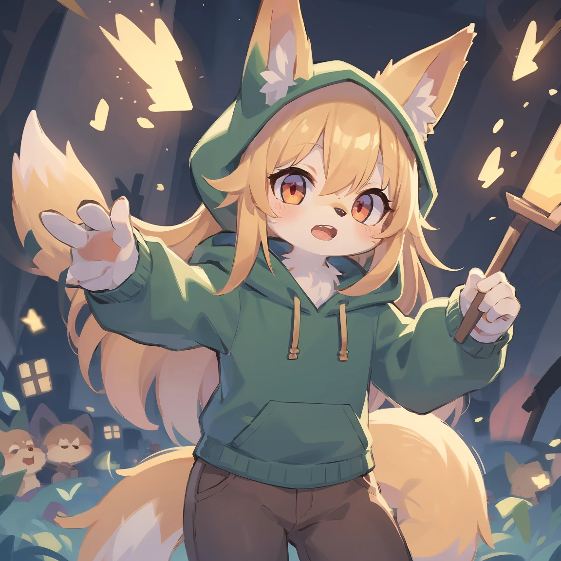 flat color, shota the fox, , was hairy, shaggy, skin fur, smooth lashes, golden fur, forelimb hands, straight long blonde hair, solid circle eyes, golden ears, golden fur, golden facial fur, shiny hair, red eyes, super cute face, 1fox tail, fluffy tail, furry tail, glowing eyes, green coat green hood down, brown trousers, open mouth, ambient light, ultra-fine fur, dashed eyes, masterpiece, high quality, high-details, best quality, (solo)