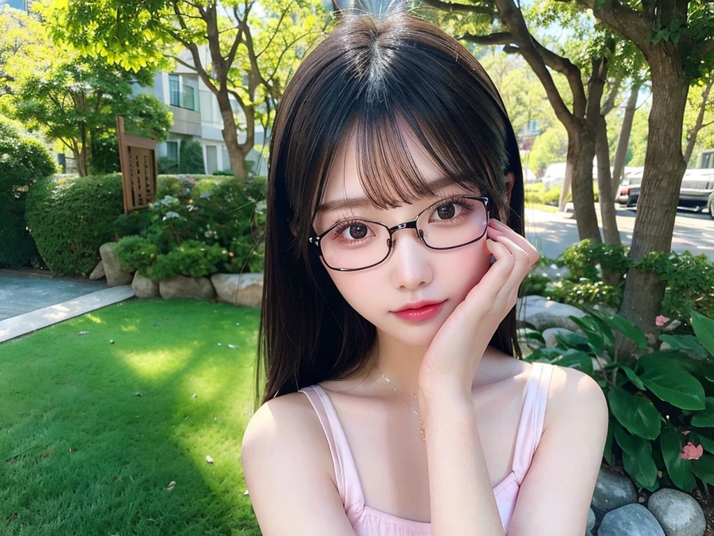detailed photo of a beautiful japanese girl, wearing attraactive glasses, extremely detailed facial features, beautiful eyes, long eyelashes, perfect skin, flawless complexion, glossy lips, elegant expression, long silky black hair, figure, advertising cute pink and white bikini, intricate bikini design, posing in natural outdoor setting, warm afternoon sunlight, vibrant colors, pristine natural scenery, photorealistic, cinematic lighting, 8k, high resolution, masterpiece