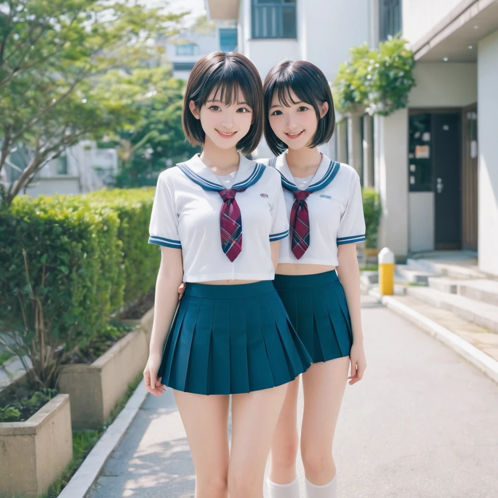 landscape,ultra-detailed, best quality, super fine illustration,full body,very cute,2girl,multiple girls,smile,(fang:0.8),from behind,
((lifting up friends skirt)),((dark blue hair) and (white panties)),((brown hair) and (light green panties)),serafuku,mini skirt,classroom,shoes