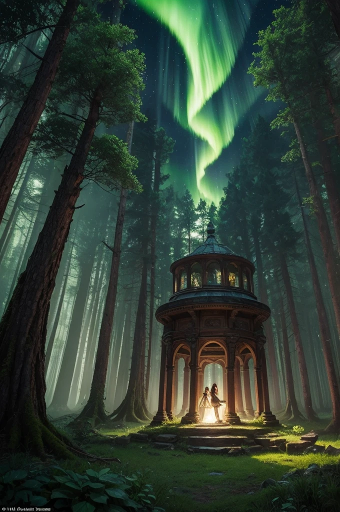 The cover of the series features an enchanted forest setting., where centuries-old trees intertwine under a twilight sky bathed in vividly colored aurora borealis. En el centro de la imagen, the three protagonists, Avery, Zoe e Harper, are gathered around an ancient magical cauldron, whose vapor forms images of mystical creatures and arcane symbols. Ao fundo, ancient ruins rise, covered in lush vegetation and lost secrets. The title "Mystique Quest" It's in delicate, golden letters, shrouded in an ethereal glow that evokes magic and mystery.