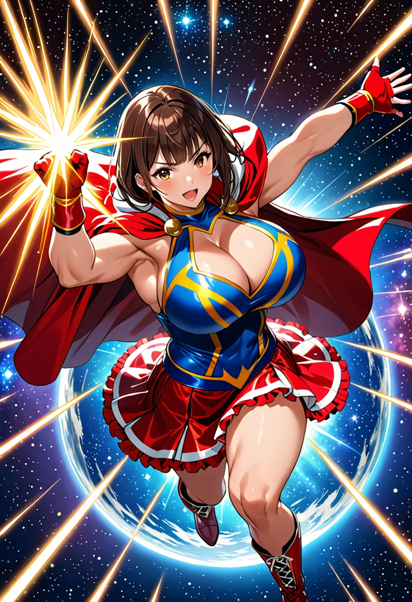 Create an image of a girl, barefoot, ((((sagging massive breasts)))), (matching gloves and boots). she (Dark-haired brunette with bangs, wearing too short skirt with frill, (((intricate)) wrestling outfit). はためくCape, wrestler, muscle, (((from above))), 1 fist up, 1 arm up, Each one is enveloped in a shining aura.. Outer space background, Severe. masterpiece, Highest quality, employment. Diffraction Spikes, Particles of light.