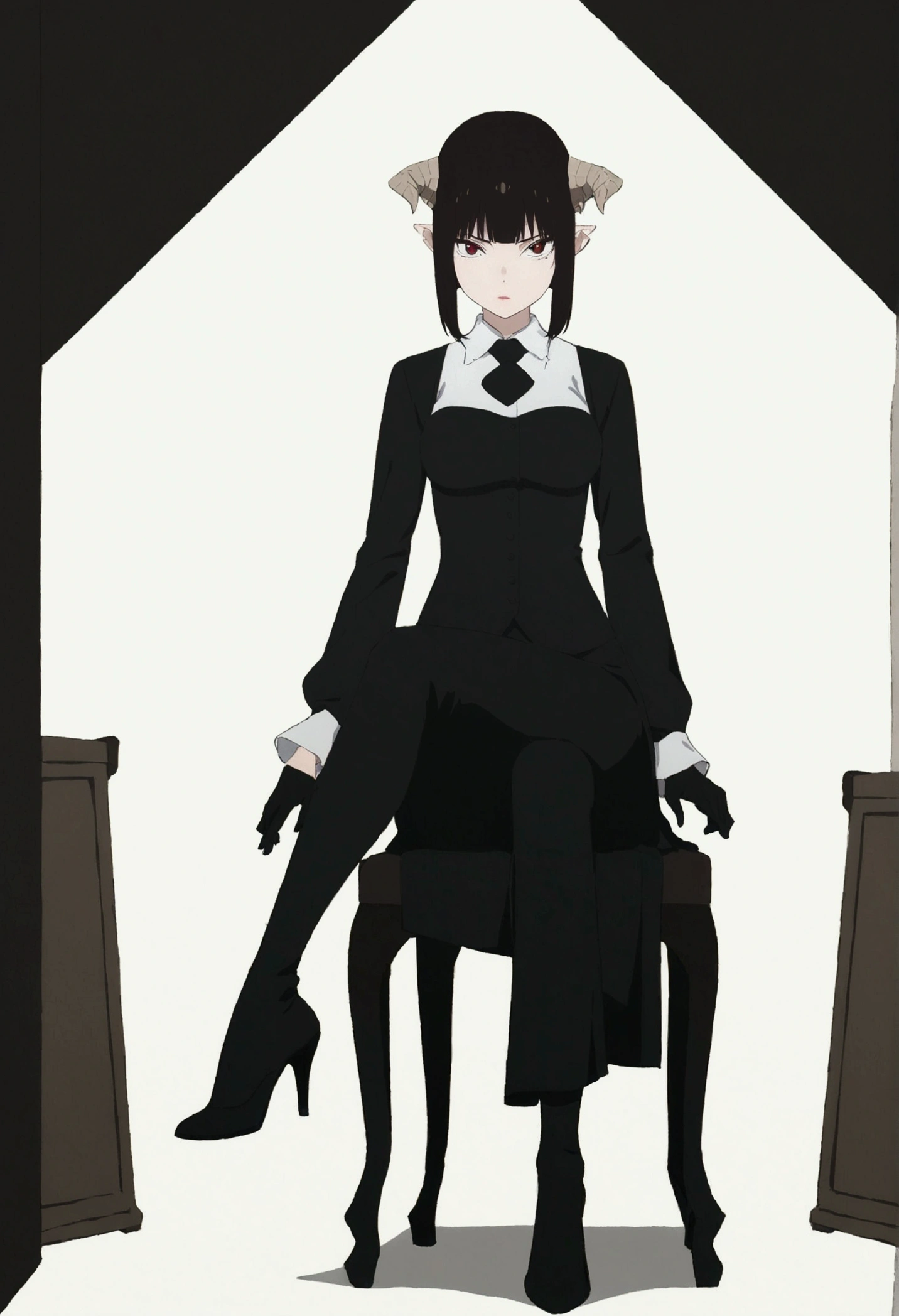 (work of art, ultra detali,high resolution,8K), 1 girl ,standing alone,hinterland,Look to viewer, TochaTortura, trunk,sheen,brunette skin,sitting on a chair,legs crossed,,black socks,horns on head,serious look,staring overhead,black boots with high heels
