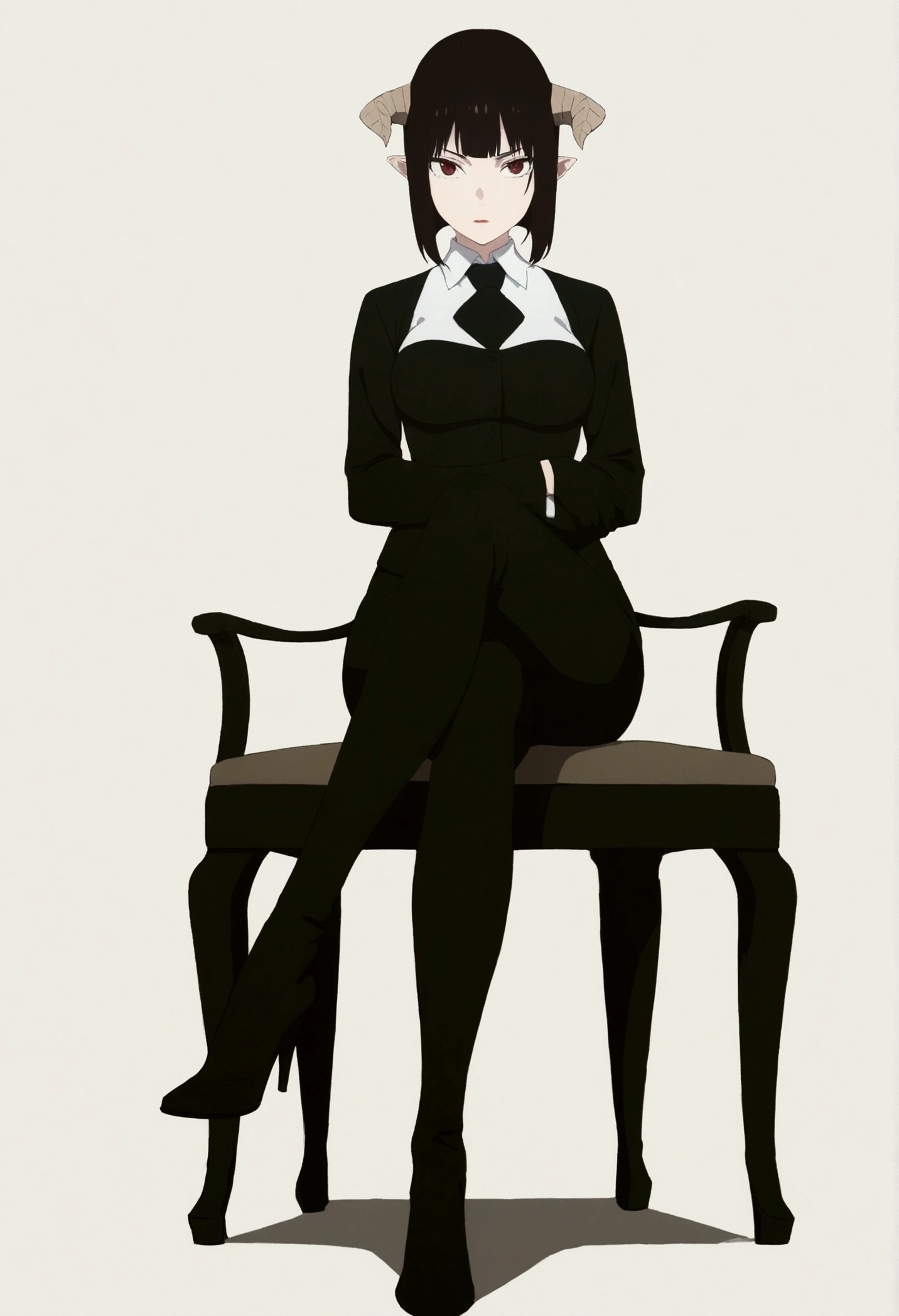 (work of art, ultra detali,high resolution,8K), 1 girl ,standing alone,hinterland,Look to viewer, TochaTortura, trunk,sheen,brunette skin,sitting on a chair,legs crossed,,black socks,horns on head,serious look,staring overhead,black boots with high heels