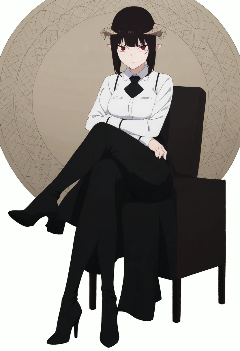 (work of art, ultra detali,high resolution,8K), 1 girl ,standing alone,hinterland,Look to viewer, TochaTortura, trunk,sheen,brunette skin,sitting on a chair,legs crossed,,black socks,horns on head,serious look,staring overhead,black boots with high heels
