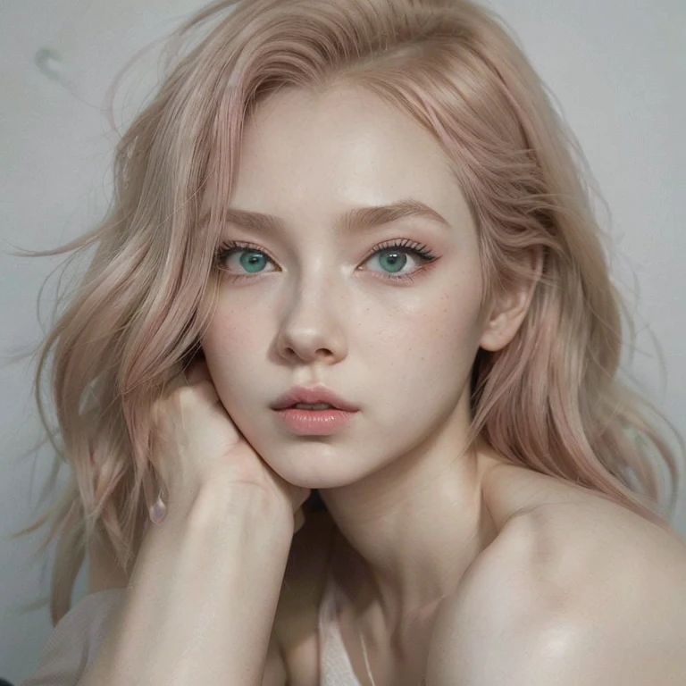 young woman, short shoulder-length pink hair, wide forehead, porcelain skin, pink eyebrows, big emerald green eyes, buttoned nose, full lips, heart-shaped face, slender body, small breasts, red tank top, Sakura Haruno , realistic, realism, details, 3d, well detailed