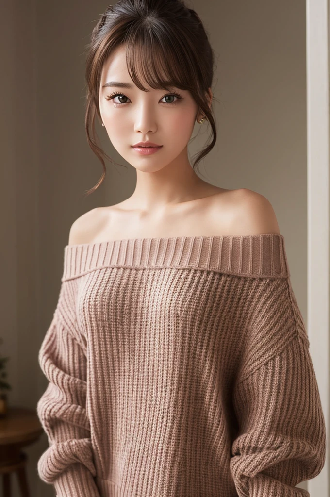 ((Highest quality)), ((masterpiece)), (detailed), One girl, Off-the-shoulder sweater, Bristles