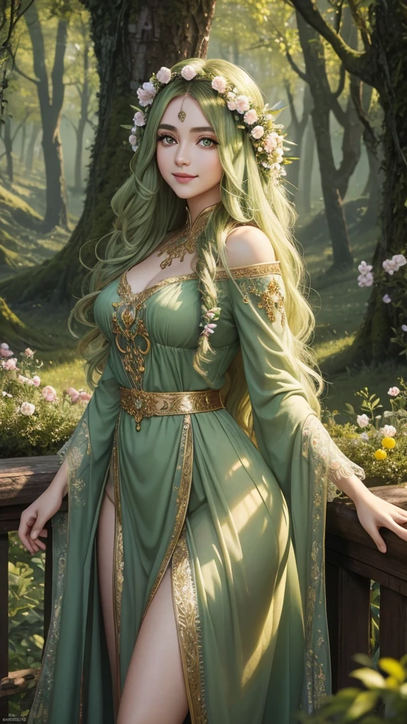 Wallpaper on your phone, better quality, cinematic image, detailed image, fantasy, detailed face, detailed beautiful golden eyes, Beautiful girl, dryad, flowers in hair, high, very long fluffy green hair, long fluffy eyelashes, thick eyebrows, wide hips, playful smile, spring forest, облегающее платье 