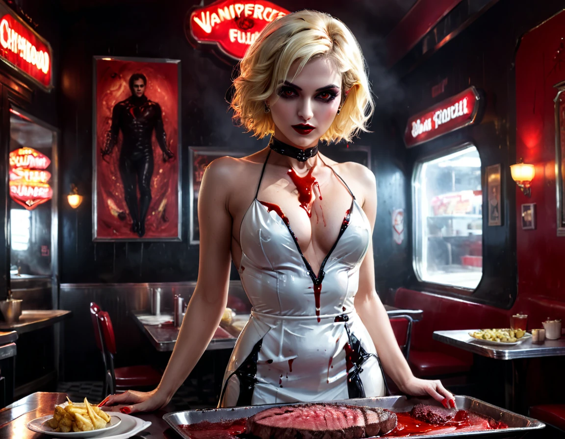 a 3D digital painting picture of extremely (beautiful female vanpire:1.3) ((serving a big juicy raw steak: 1.3)) on a tray, dripping blood in a goth American diner, an exquisite beautiful female (vampire:1.3), (full body: 1.3) ultra feminine ultra detailed face, blond hair, short hair, red lips, red eyes, glowing eyes, wearing sexy white seductive latex dress, serving a goth diner American kitchen background, full body dynamic angle, , award winning, best quality, high quality, high details, highres, vibrant, Ultra-high resolution, High Contrast, (masterpiece:1.5), highest quality, Best aesthetics, best details, best quality, highres, ultra wide angle, 16k, [ultra detailed], masterpiece, best quality, photorealistic, 3D rendering, Cinematic Hollywood Film, chumbasket art style