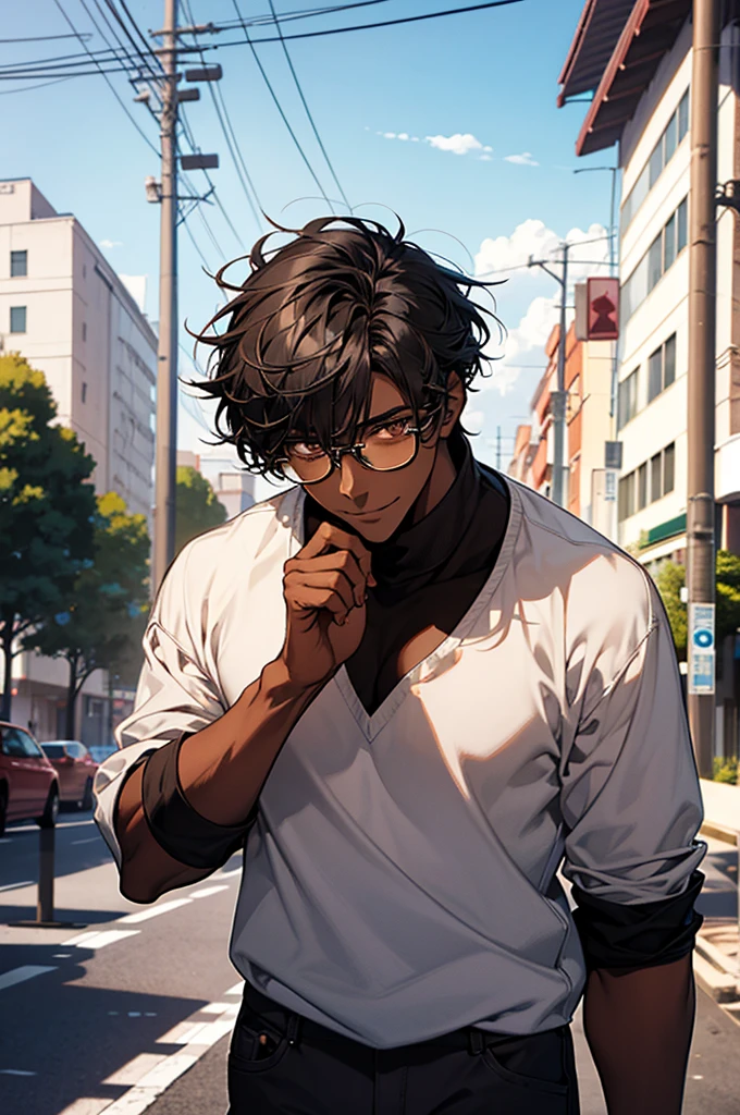 1male, black hair, dark skinned man, very dark skin, brown eyes, black hair, textured hair, casual clothes, glasses, mature face, ikemen, smile, outdoor background, 4k, high resolution, rim lighting
