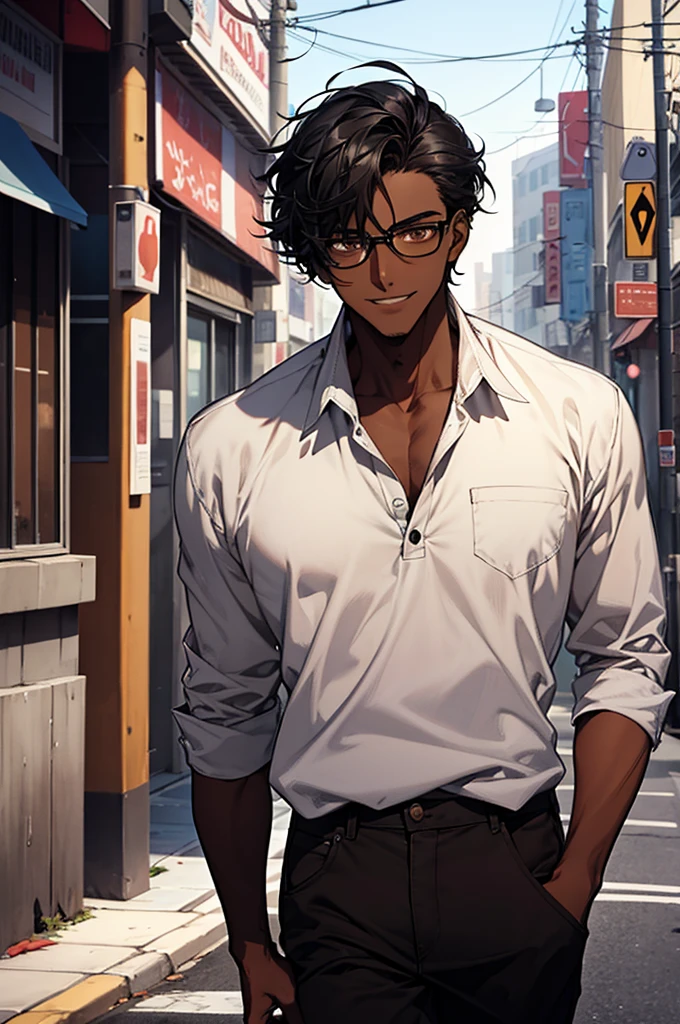 1male, black hair, dark skinned man, very dark skin, brown eyes, black hair, textured hair, casual clothes, glasses, mature face, ikemen, smile, outdoor background, 4k, high resolution, rim lighting